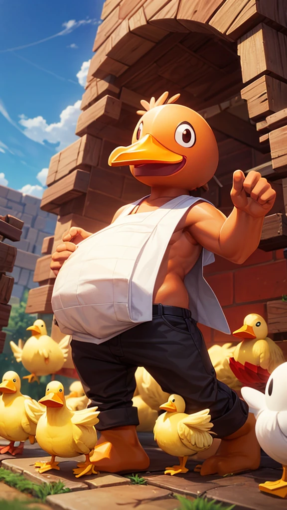 The character in Roblox is a turkey, brown body, big head, flesh colored head, yellow duck, no fingers or paws.