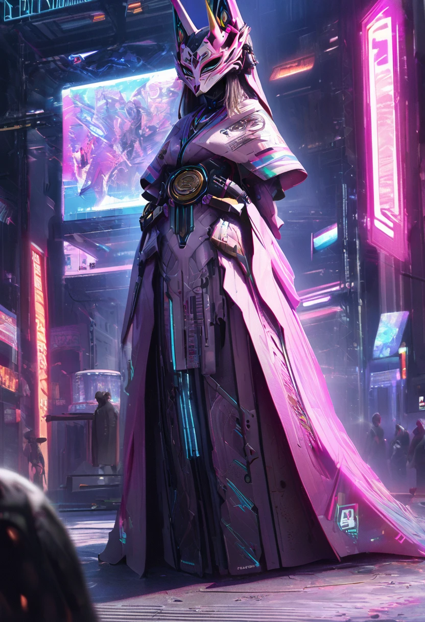 在灯光昏暗的Cyberpunk城市景观中, Against the backdrop of neon lights，A pensive figure, Digital nomad with a dark vibe. This concept art is a digital illustration，Capturing the essence of futurism, Mysterious person. Detailed scene presentation, Highlighting the complex cybernetic enhancements on the Nomads, shadow over face, And the flashing lights of electronic devices. The art is very realistic,Cyberpunk面具，1 Girl, Shrine maiden，Fox Mechanical Mask，Cyberpunk, Cyberpunk面具，Precision mechanics， summer，Shrine maiden服， Immerse the audience in a technologically advanced、In the isolated world of the city.