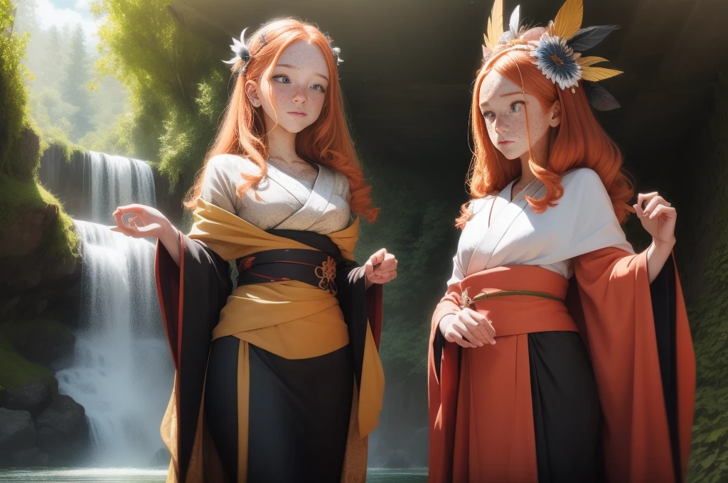 1girl positioned to the left, 18 years old princess, striking figure, long ginger hair, wavy hairs, fair skin, (((freckles))), ((kolito)), innocent and regal appearance, expressive eyes are filled with a mix of curiosity and determination, her slender frame, elegant grace, vibrant orange kimono with white and black decorations, ornate kimono, very long sleeves, feather headdress, in a forest, waterfall on the right