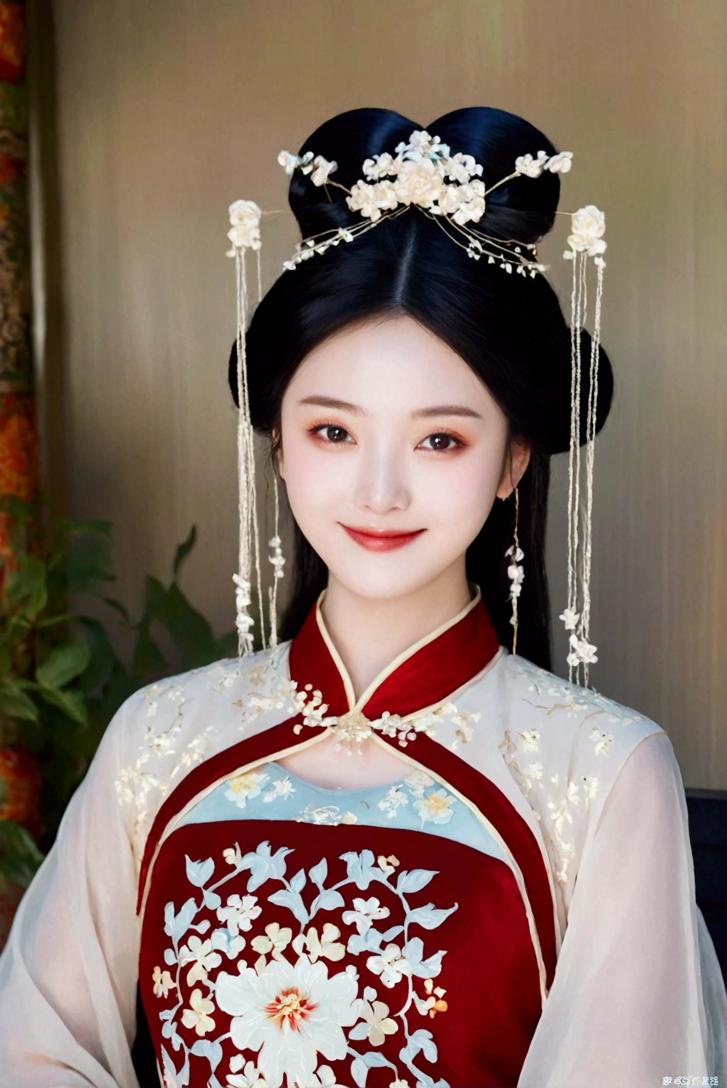 1girl, solo, looking at viewer, smile, black hair, hair ornament, dress, upper body, black eyes, chinese clothes, realistic