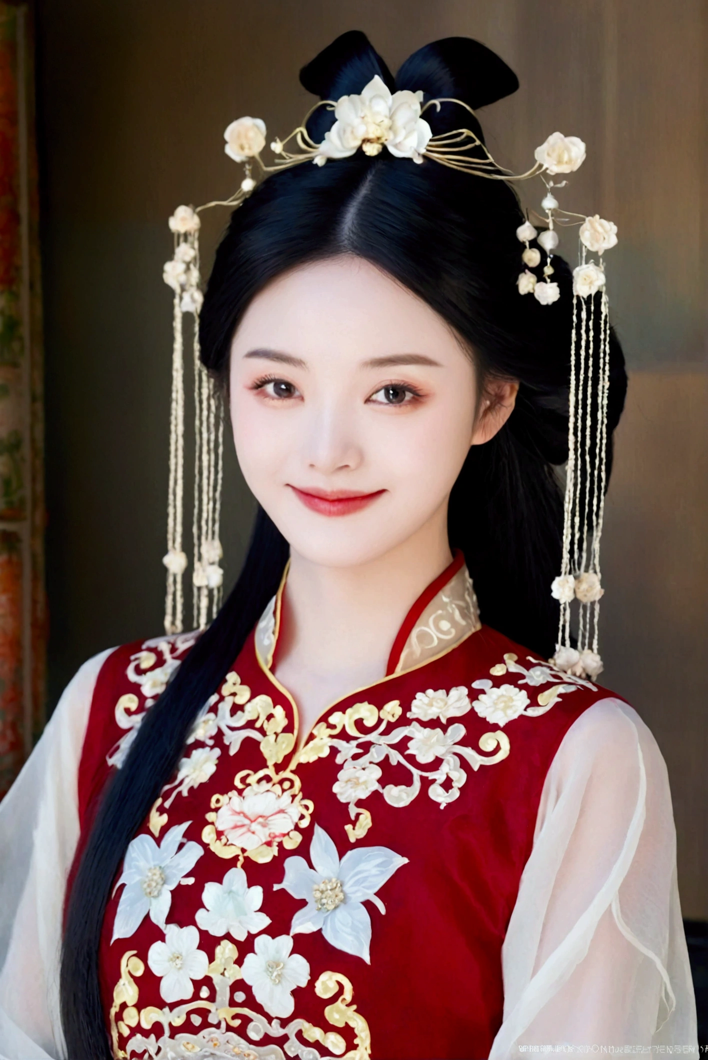 1girl, solo, looking at viewer, smile, black hair, hair ornament, dress, upper body, black eyes, chinese clothes, realistic