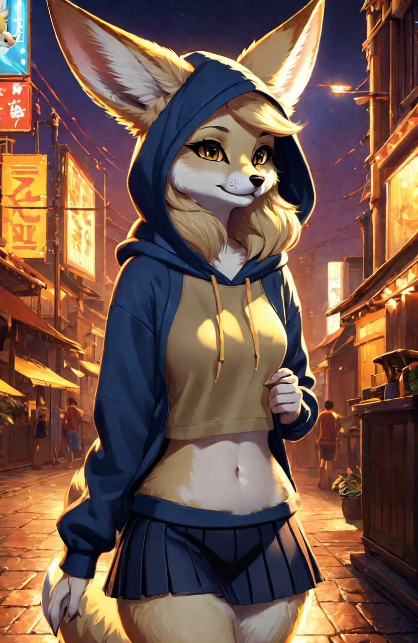 Stylized cinematic anime artwork, fluffy anthro furry, Fennec, female, hoodie, skirt, single tail, subsurface scattering, smooth lines, caustics, hyper realistic painting