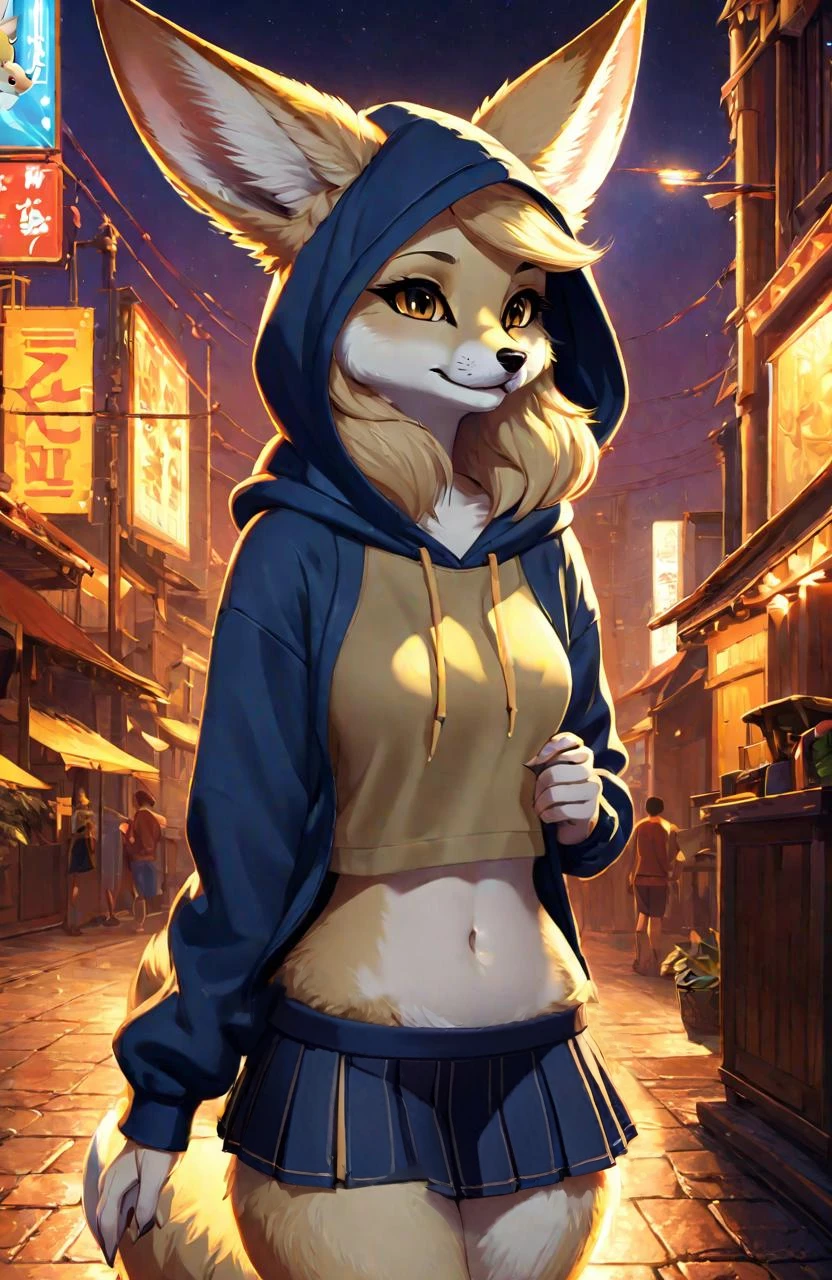 Stylized cinematic anime artwork, fluffy anthro furry, Fennec, female, hoodie, skirt, single tail, subsurface scattering, smooth lines, caustics, hyper realistic painting