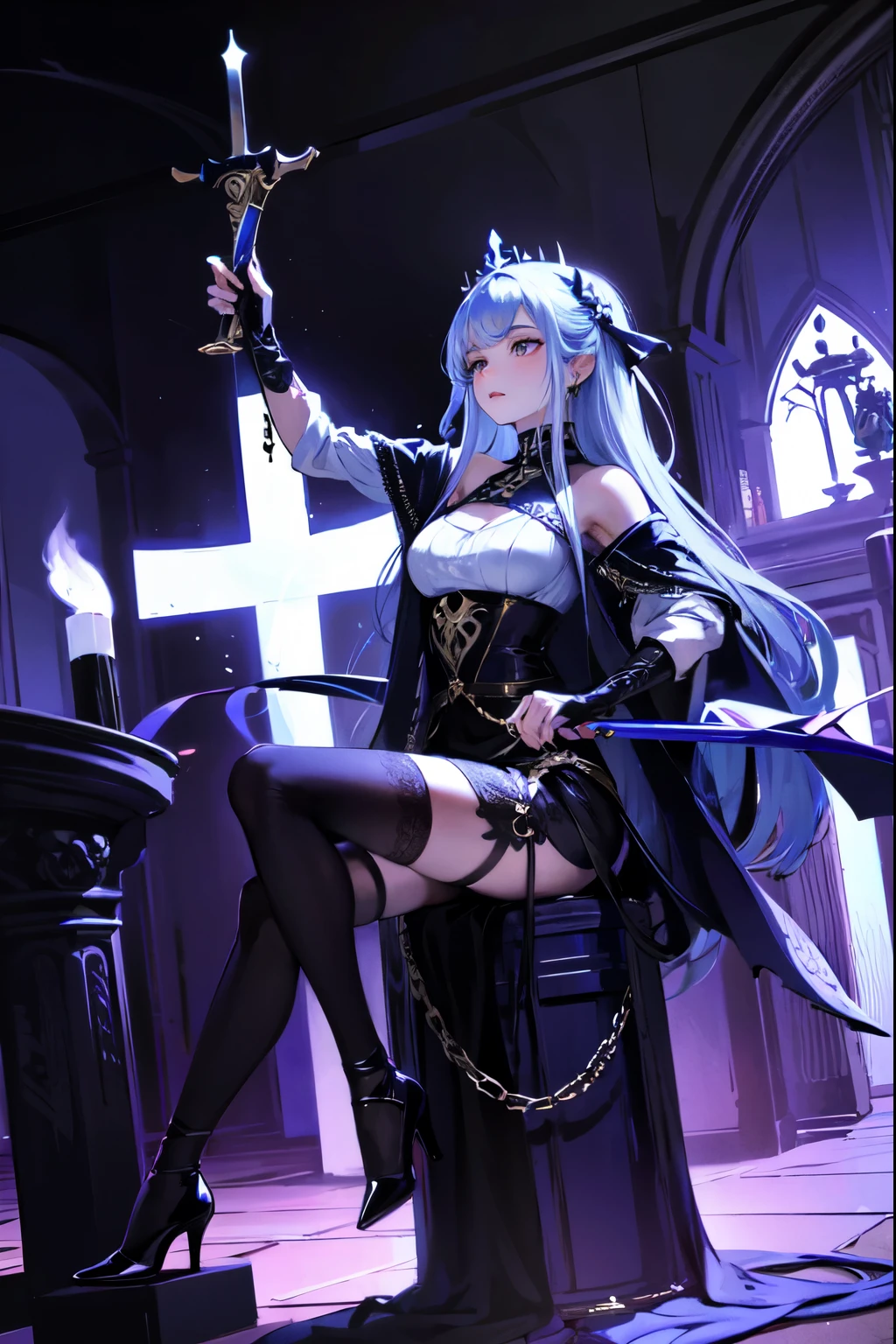 Wearing black clothing、Woman of Arafad holding sword and cross, ornate role play, Sad Goddess Artwork, I'Iは行く, Holy Robot Necromancer Girl, Lost Land 8K, by Shimo, Casting posture, From Descent 2, Highly detailed art gems, role play photo, role play, Beautiful necromancer girl