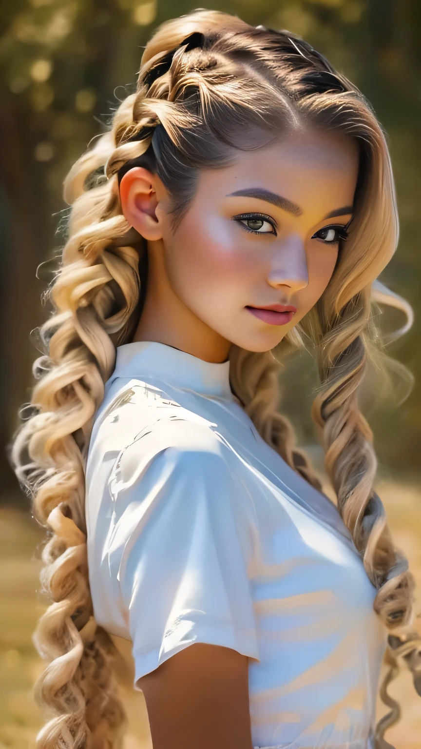 (Surreal), (picture), (High resolution), (In 8K), (Very detailed), (Best Illustration Photos), (Beautiful and fine details), (Highest quality), (Ultra-detailed), (masterpiece), (wallpaper), (Detailed face), solo, One Girl, White Wavy Hair, Korean Beauty, iridescent heterochromatic eyes, Loose light white shirt, White maid outfit, Long legs, Toned Abs, Camel Toe, stockings、((Curly hair in braids、good１))、