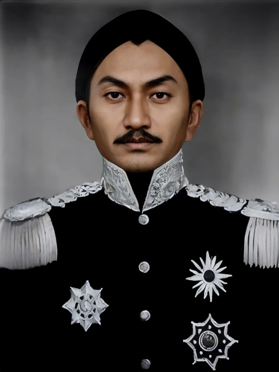 Indonesian Muslim man, aged 40 years or over, brown skin, slightly wrinkled on the forehead, naturally clear eyes, long thick eyebrows, long black mustache, closed mouth, wearing clothes that have the nuances of a great king, black kanigaran clothes and head covering. HD quality realistic images