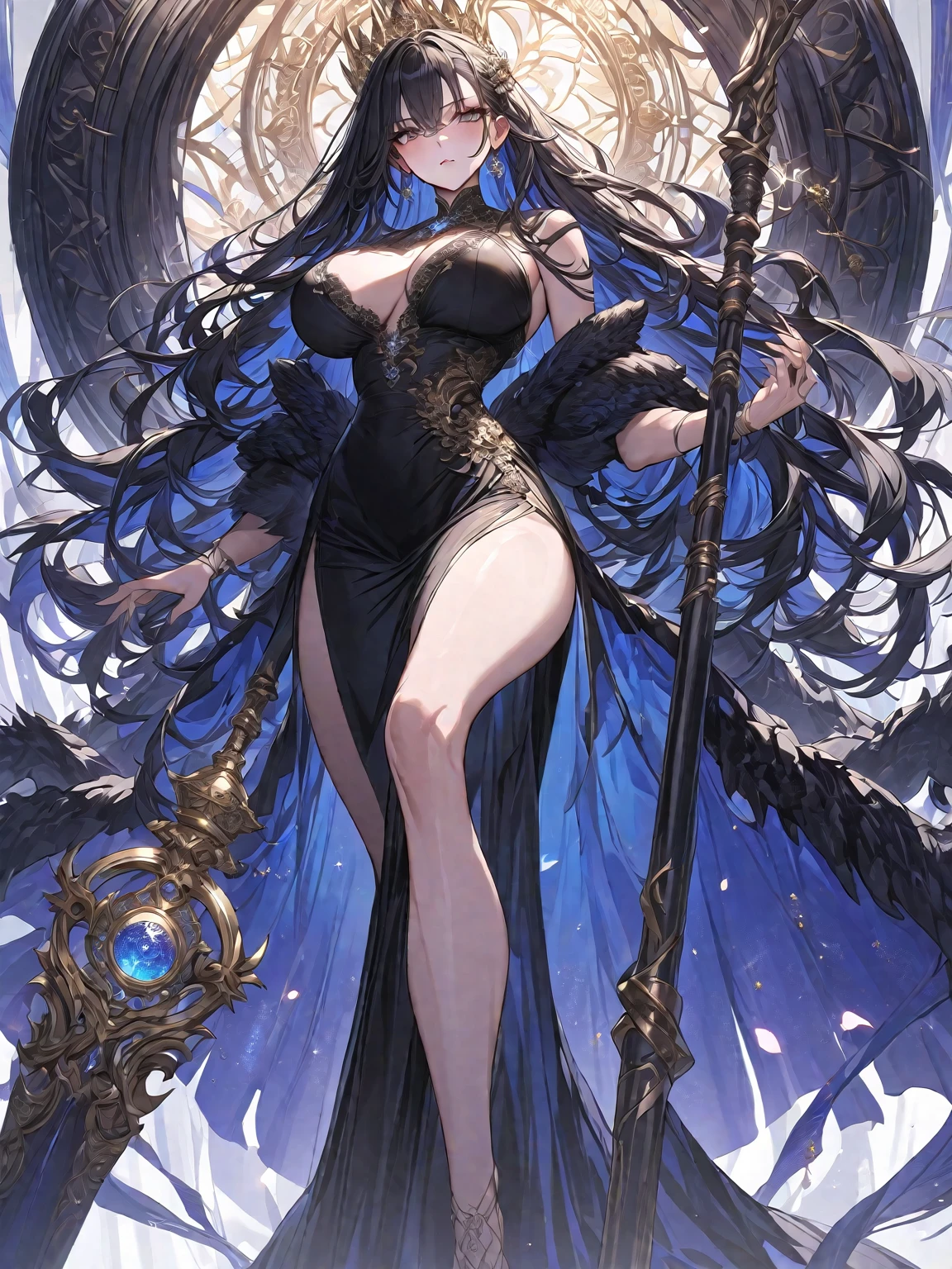 A masterpiece, very detailed, ultra-detailed, one (1 woman), she is in a long black dress with red details, with a slit on her legs, in her dragon hands she holds a long black wooden staff. Her crown is made of black twigs, and decorated with a light blue gemstone, long hair, black hair, beautiful, charming, in the eyes of a golden magic circle that rotate clockwise), elegant, huge breasts (big), serious face, charming, she stands against the background of magical circles.