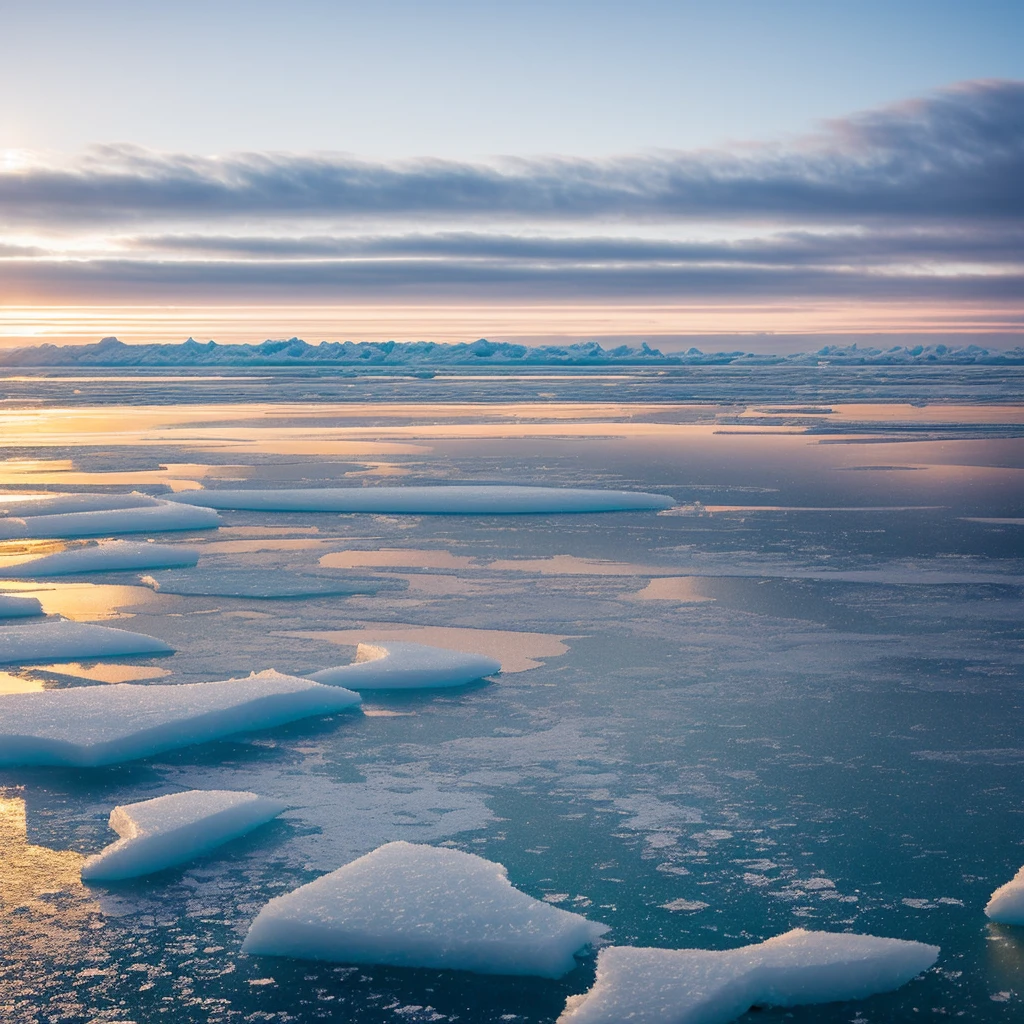 A tranquil winter morning on the Notsuke Peninsula, Hokkaido. The sea is frozen, creating a vast, white expanse. A serene landscape with sparkling snowflakes and a distant horizon glowing with the soft light of the setting sun. Capture the beauty and calmness of this icy wonderland, with transparent ice reflecting the golden hues of sunset