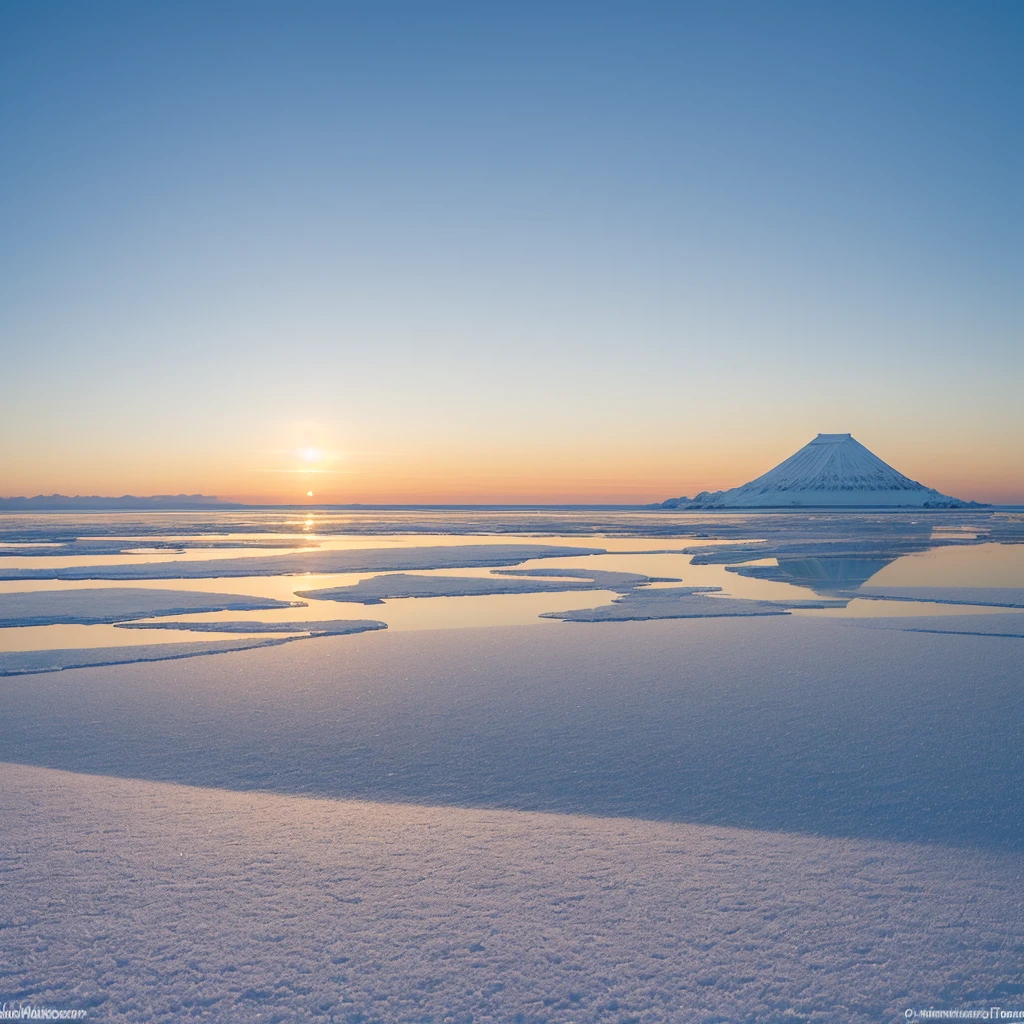 A tranquil winter morning on the Notsuke Peninsula, Hokkaido. The sea is frozen, creating a vast, white expanse. A serene landscape with sparkling snowflakes and a distant horizon glowing with the soft light of the setting sun. Capture the beauty and calmness of this icy wonderland, with transparent ice reflecting the golden hues of sunset