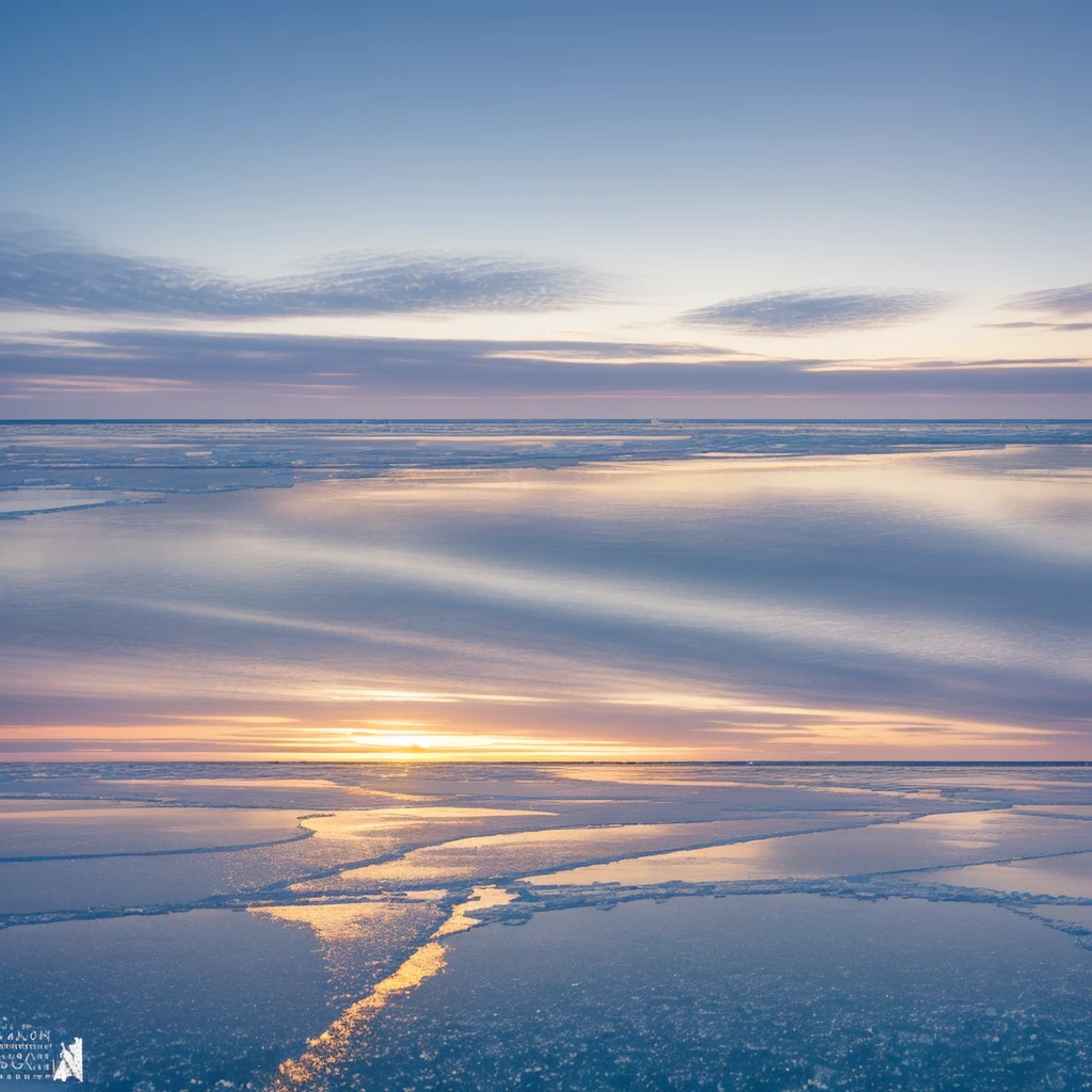 A tranquil winter morning on the Notsuke Peninsula, Hokkaido. The sea is frozen, creating a vast, white expanse. A serene landscape with sparkling snowflakes and a distant horizon glowing with the soft light of the setting sun. Capture the beauty and calmness of this icy wonderland, with transparent ice reflecting the golden hues of sunset