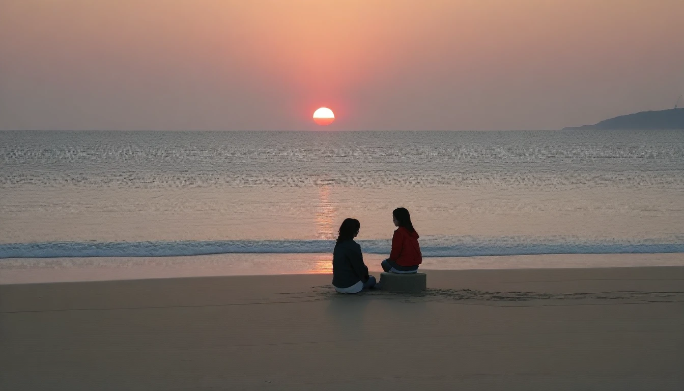 8K, Vivid picture quality, desolate long beach, Two people on the beach from afar, short hair woman, red light of sunset, alone, afternoon, depressed, tide가 밀려온다, ocean, tide, wind, short korean woman, 잔잔한 tide, Perfect photos with vivid image quality, wearing a casual jacket and jeans,