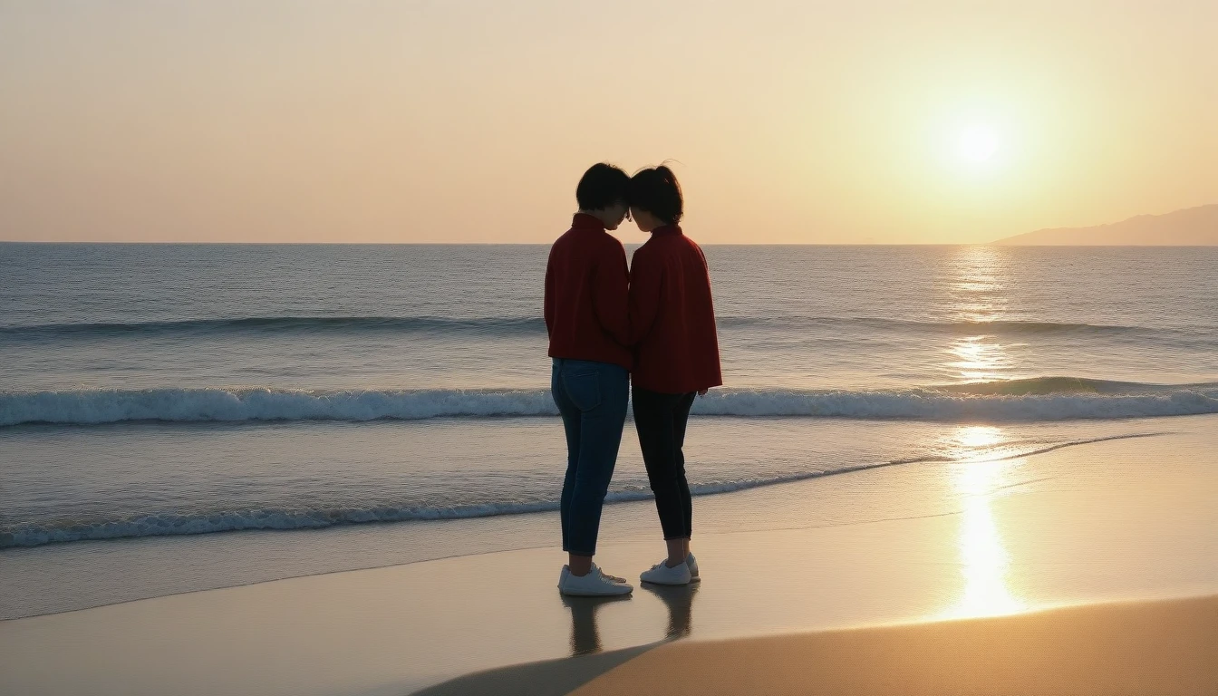 8K, Vivid picture quality, desolate long beach, Two people on the beach from afar, short hair woman, red light of sunset, alone, afternoon, depressed, tide가 밀려온다, ocean, tide, wind, short korean woman, 잔잔한 tide, Perfect photos with vivid image quality, wearing a casual jacket and jeans,