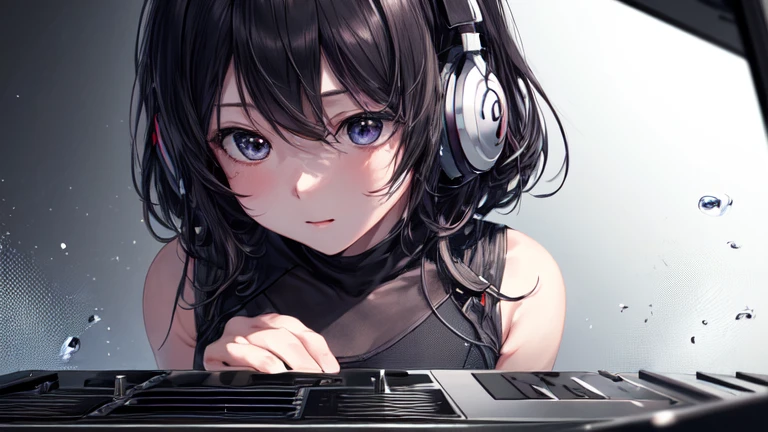 (Highest quality, masterpiece), One girl, Look down, Wind, particle, Simple Background, Dark mood, Upper Body,DJ Booth,PLAY,Performance,Headphones,DJPYAY,Listen to the sound,4K,wallpaper,80's,citypop