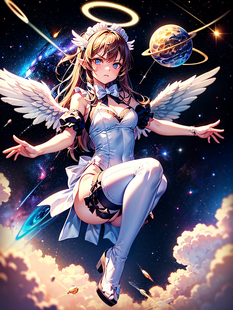 Highest quality,Highest Resolution,Beautiful girl with angry face in maid leotard,Frills,High leg,(((Floating in the air))),Halo,(((universe space))),Milky Way,meteor,Very beautiful eyes,(((White angel wings on the back))),whole body,long hair,(((Shoot a bow))),Knee-high stockings,Floating in the air,