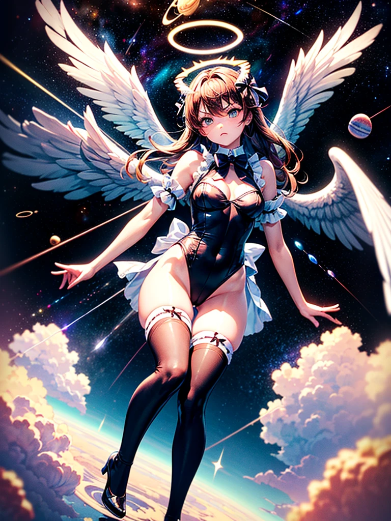 Highest quality,Highest Resolution,Beautiful girl with angry face in maid leotard,Frills,High leg,(((Floating in the air))),Halo,(((universe space))),Milky Way,meteor,Very beautiful eyes,(((White angel wings on the back))),whole body,long hair,(((Shoot a bow))),Knee-high stockings,Floating in the air,