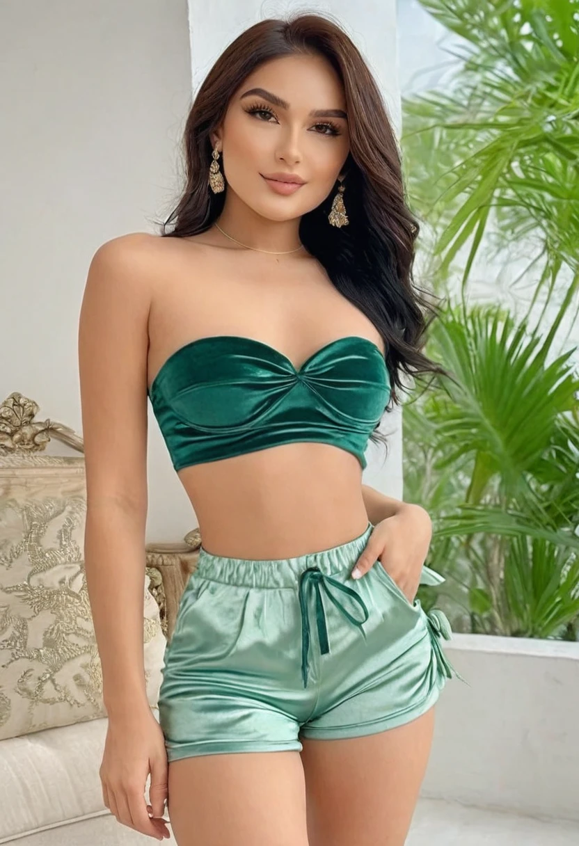 (best high quality:1.5), work of art, (8k), extremely detailed, (High details:1.4), Solo, HotLexi female with 24 years old, (strapless, mini-shorts),