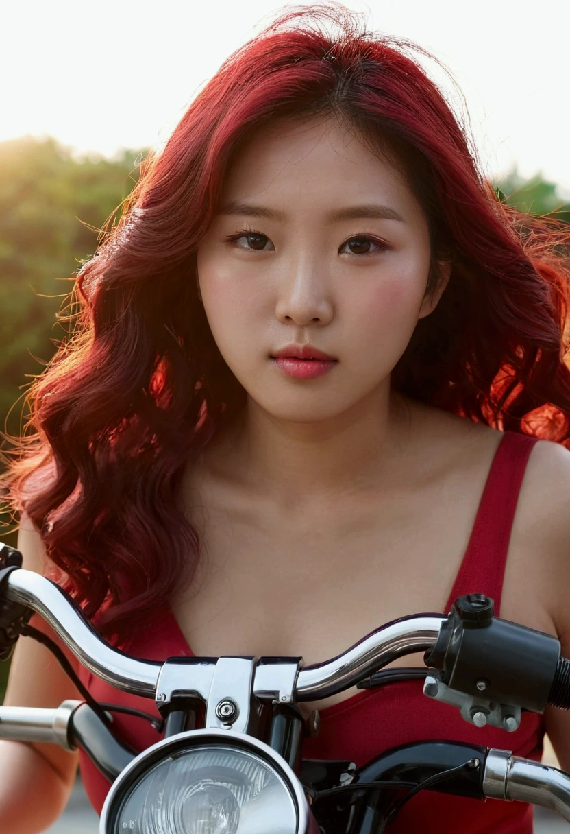 UHD, Extreme close-up of cute Korean female,Chest size 32 inches, red wavy, nude, on the motorbike, sun shaft, blurred background,cum shot