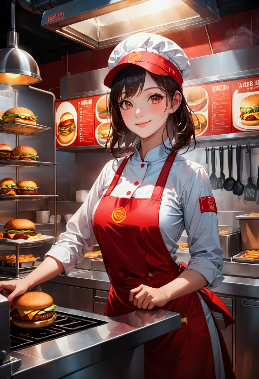 1girl, Fast Food Worker, A fast food worker, working at a busy burger restaurant, wearing a red and white uniform, smiling and serving customers, detailed facial features, 8k, dynamic lighting, warm color tones, highly detailed, seamless, volumetric, cinematic composition, clean design, industrial kitchen setting, stainless steel appliances, neon signage, reflective surfaces, steam and smoke effects, immersive atmosphere, dynamic camera angle, cinematic framing, masterpiece, best quality, very aesthetic, absurdres