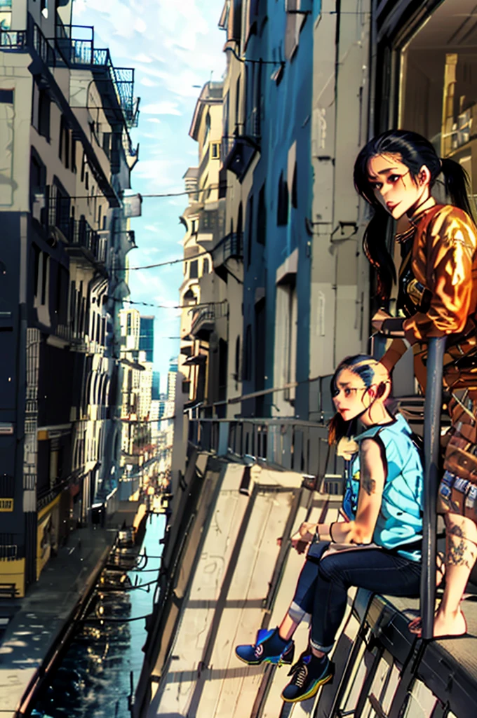 Stylish young woman with a ponytail.
Wearing casual clothing.
Riding a colorful vintage scooter (model: 1970 Vespa).
Sitting by a railing overlooking a serene cityscape with mountains and a river.
The scene has a relaxed, "chilled out" atmosphere with a retro aesthetic.
The sky is sunny with a few clouds.
The overall atmosphere is calm and emotional.