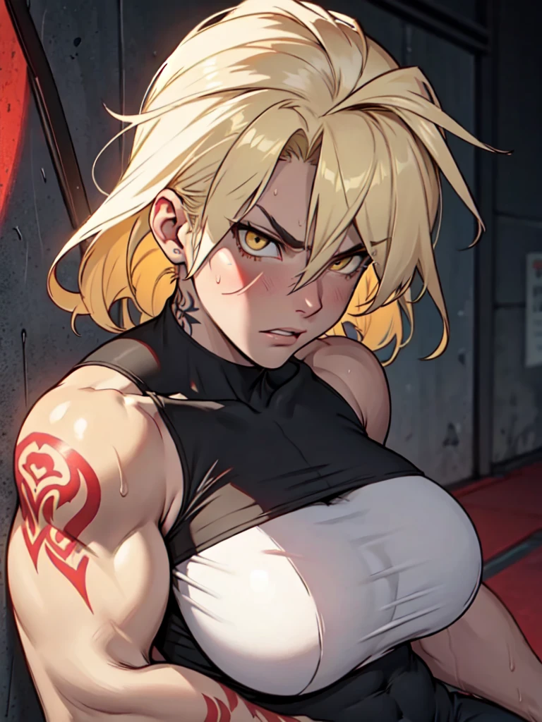 angry (muscular girl toned body huge breasts) yellow eyes hair between the eyes pale skin sweaty tattoo 