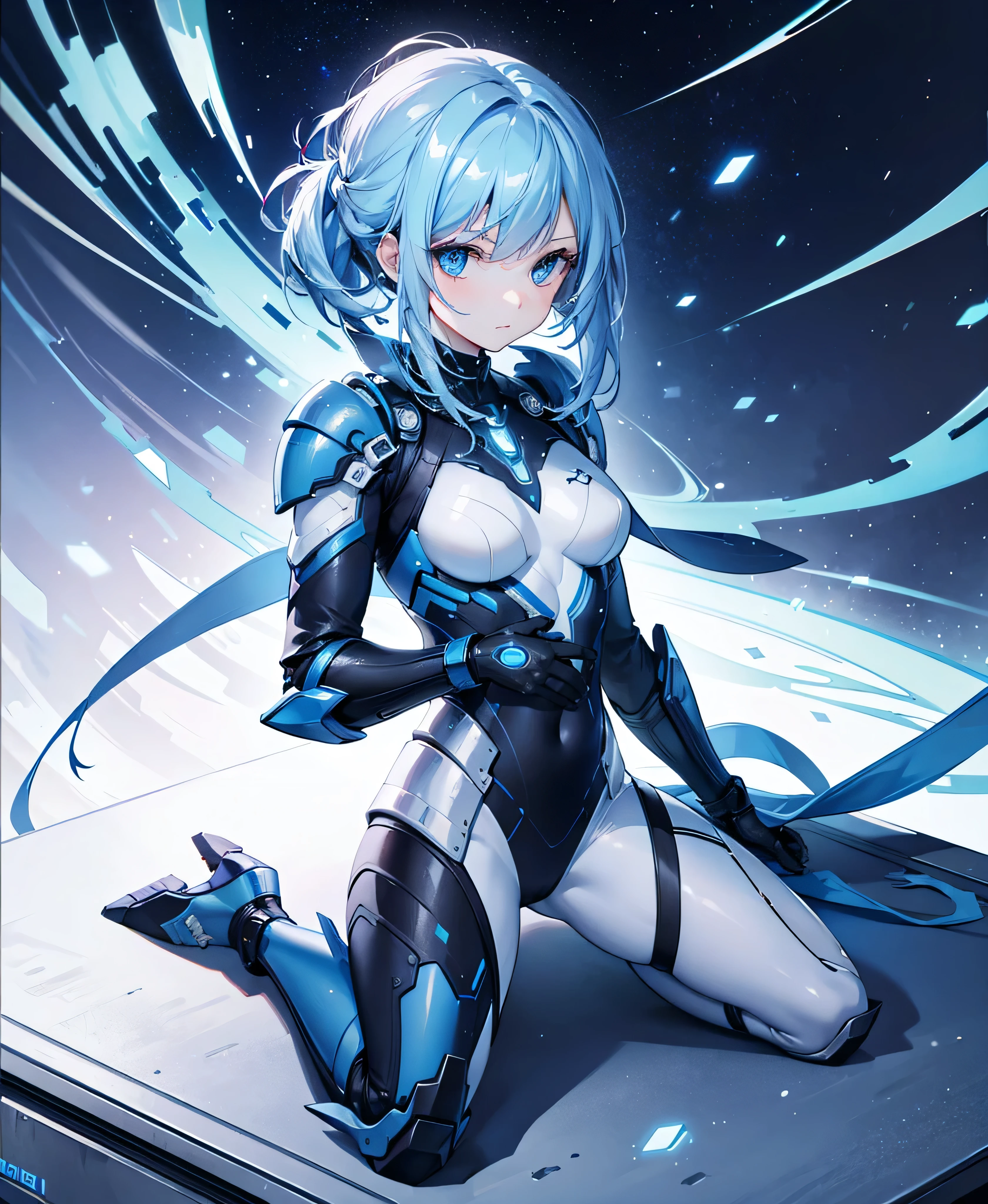 8K, Highest quality, (real:1.4), Original photo, 1 girl, Asari Hair, Biological Amplifier, refined armor, posture: Peace talks between warring factions, smart blue eyes,whole body