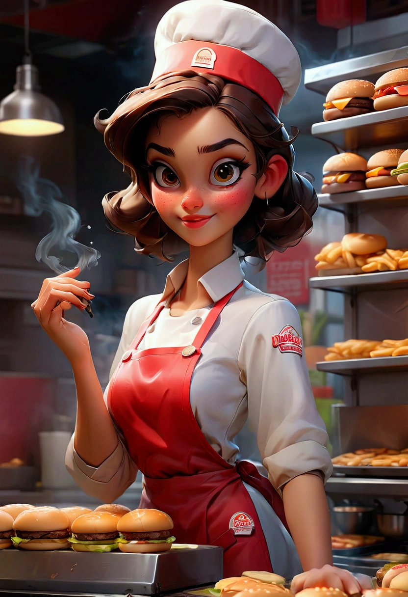 1girl, Fast Food Worker, A fast food worker, working at a busy burger restaurant, wearing a red and white uniform, smiling and serving customers, detailed facial features, 8k, dynamic lighting, warm color tones, highly detailed, seamless, volumetric, cinematic composition, clean design, industrial kitchen setting, stainless steel appliances, neon signage, reflective surfaces, steam and smoke effects, immersive atmosphere, dynamic camera angle, cinematic framing, masterpiece, best quality, very aesthetic, absurdres