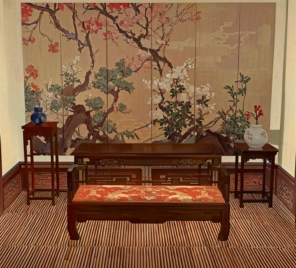 There is a room with a bench, table, There is a painting hanging on the wall, Oriental Wallpaper, Inspired by Yun Shouping, Inspired by Emperor Huizong of Song, Extremely detailed furniture, In line with Chinese aesthetics, Inspired by Xie Shichen, Inspired by Shen Si Zheng, Asian Interior Decoration, Inspired by Dong Yuan, Inspired by Minjin