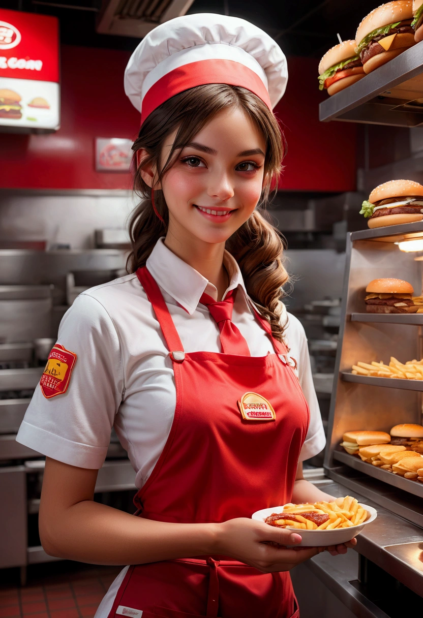 1girl, Fast Food Worker, A fast food worker, working at a busy burger restaurant, wearing a red and white uniform, smiling and serving customers, detailed facial features, 8k, dynamic lighting, warm color tones, highly detailed, seamless, volumetric, cinematic composition, clean design, industrial kitchen setting, stainless steel appliances, neon signage, reflective surfaces, steam and smoke effects, immersive atmosphere, dynamic camera angle, cinematic framing, masterpiece, best quality, very aesthetic, absurdres