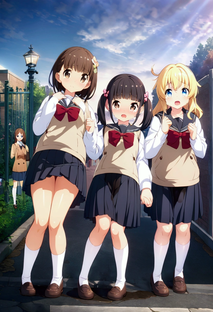 Anime. 4 girls. Young girls. Lovely girls. High school girls. Standing. Full height. Full body. School gate. Stomachs hurt. Hands on bellies. Knees together, feet apart. Girls can't stand straight. Diarrhea. Pooping in panties. They poop on the street. Embarrassment. Tears in my eyes. Beautiful character design. Shiny skin. nswf. Official art. Extremely detailed CG Unity 8k wallpaper. Ideal lighting. Ultra high resolution 4K. Super detailed 8K resolution. A high resolution.