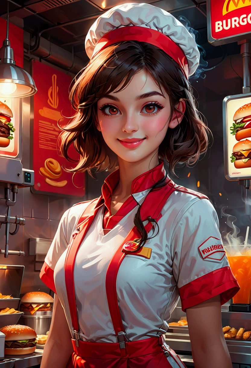 1girl, Fast Food Worker, A fast food worker, working at a busy burger restaurant, wearing a red and white uniform, smiling and serving customers, detailed facial features, 8k, dynamic lighting, warm color tones, highly detailed, seamless, volumetric, cinematic composition, clean design, industrial kitchen setting, stainless steel appliances, neon signage, reflective surfaces, steam and smoke effects, immersive atmosphere, dynamic camera angle, cinematic framing, masterpiece, best quality, very aesthetic, absurdres