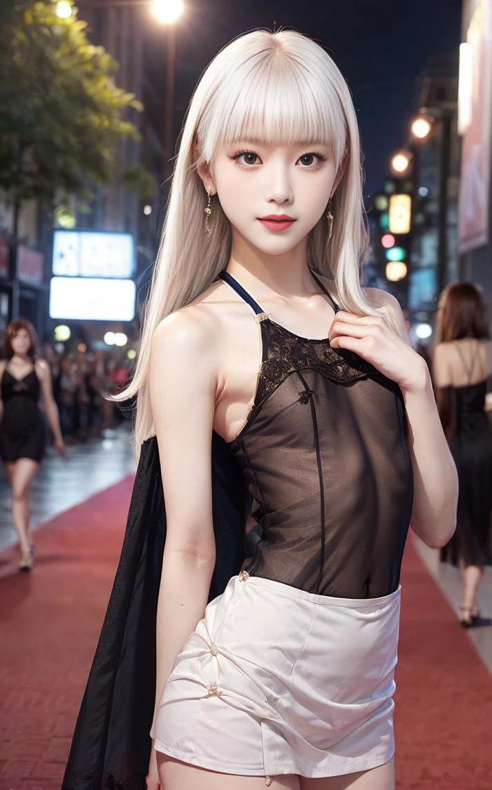 ((masterpiece:1.2、Highest quality、Tmasterpiece))、1 female、alone、classroom、Day、(Korean Actress:1.2)、(Are standing:1.4)、blonde、(Hime Hair:1.4)、Wavy Hair,Beautiful legs、((Luxurious halter dress:1.4))、(Beautiful white skin:1.4)、(Small breasts:1.5)、Hoop Earrings、lipstick、Ring Choker、blush、smile、Covered breasts、(Thick lips:1.2)、Detailed body、Very detailed絵画, Luminism、4K resolution、3D Rendering、Exquisitely crafted , Cinematic、Realistic、Hit definition、Abstract Beauty、Approaching perfection, Pure Form, Golden Ratio、Very detailed, Digital photography, Soft natural light, 50mm lens, F1.8 Vacancies、blush、Small face、(Tight waist:1.3),(albino:1.5),(anorexia:1.3),(Sickly:1.2),(Face close-up:1.4),(Wave Long:1.2),(Red carpet:1.3),(Film festival:1.5)、smile