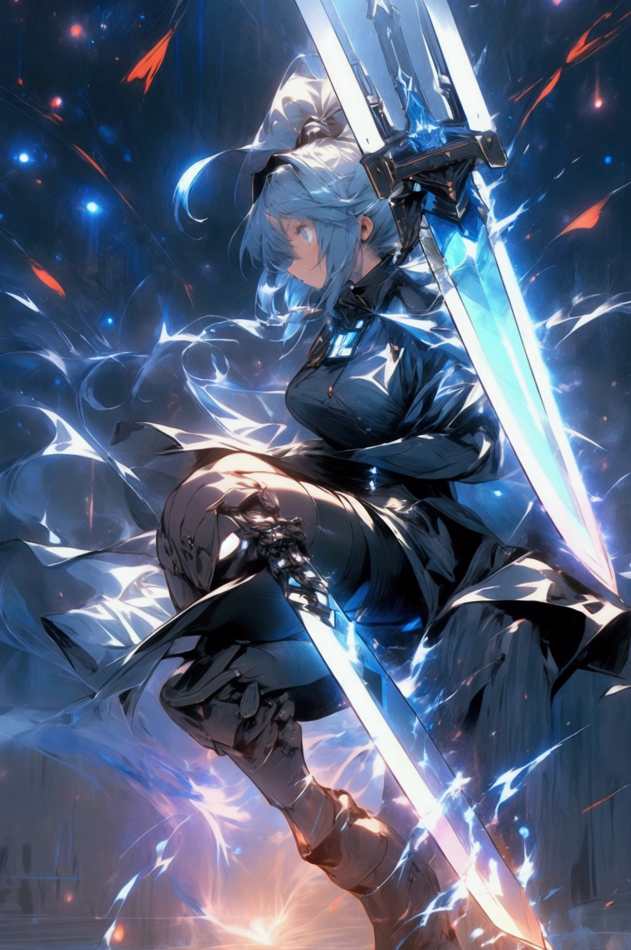 ((science fiction space fantasy)), A badass tall woman, an art of a female character standing amidst a galactic battlefront, (A female commander), ((a leader of a fleet of intergalactic armies)), White high ponytail with a glowing light blue highlights at the ends, Wielding a sword with deep blue aura, the mystical blade in her hand emitting a bright contrast blue light with a ray of energy, a futuristic intergalactic military uniform, Wearing Black shorts exposing the thighs, with a captain hat, a long simple dark boots. A masterpiece illustration, a light novel cover, best quality, best detail(Light novel illustrations), Arknights style, masterpiece, high quality, detailed.