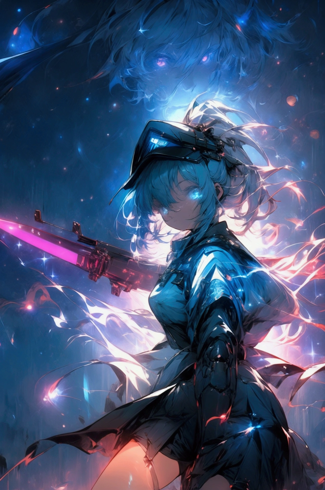 ((science fiction space fantasy)), A badass tall woman, an art of a female character standing amidst a galactic battlefront, (A female commander), ((a leader of a fleet of intergalactic armies)), White high ponytail with a glowing light blue highlights at the ends, Wielding a sword with deep blue aura, the mystical blade in her hand emitting a bright contrast blue light with a ray of energy, a futuristic intergalactic military uniform, Wearing Black shorts exposing the thighs, with a captain hat, a long simple dark boots. A masterpiece illustration, a light novel cover, best quality, best detail(Light novel illustrations), Arknights style, masterpiece, high quality, detailed.