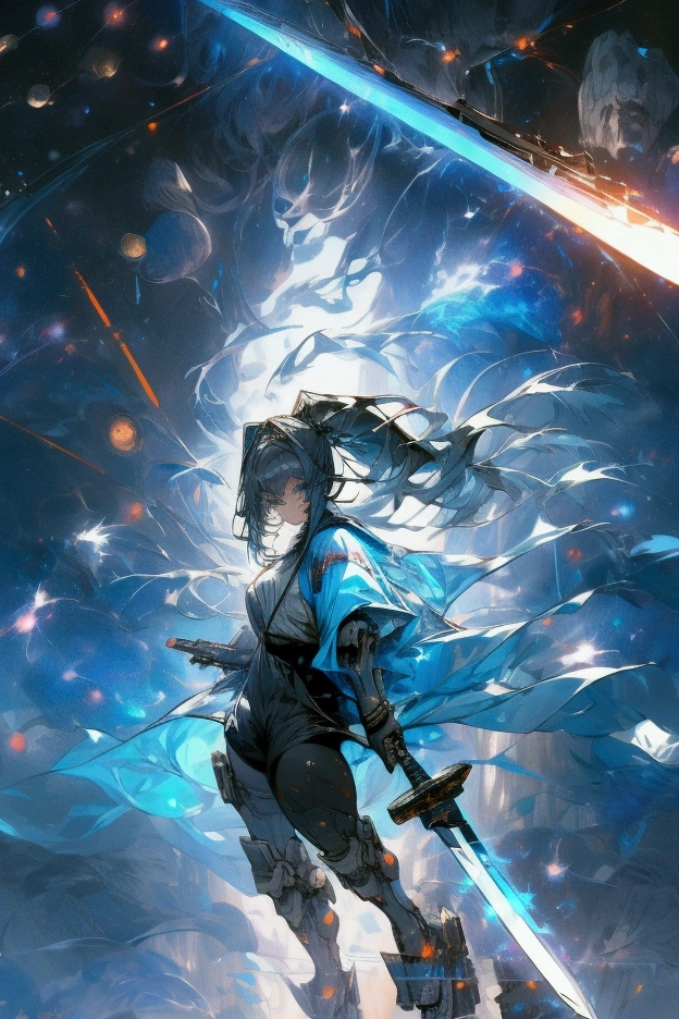 ((science fiction space fantasy)), A badass tall woman, an art of a female character standing amidst a galactic battlefront, (A female commander), ((a leader of a fleet of intergalactic armies)), White high ponytail with a glowing light blue highlights at the ends, Wielding a sword with deep blue aura, the mystical blade in her hand emitting a bright contrast blue light with a ray of energy, a futuristic intergalactic military uniform, Wearing Black shorts exposing the thighs, with a captain hat, a long simple dark boots. A masterpiece illustration, a light novel cover, best quality, best detail(Light novel illustrations), Arknights style, masterpiece, high quality, detailed.