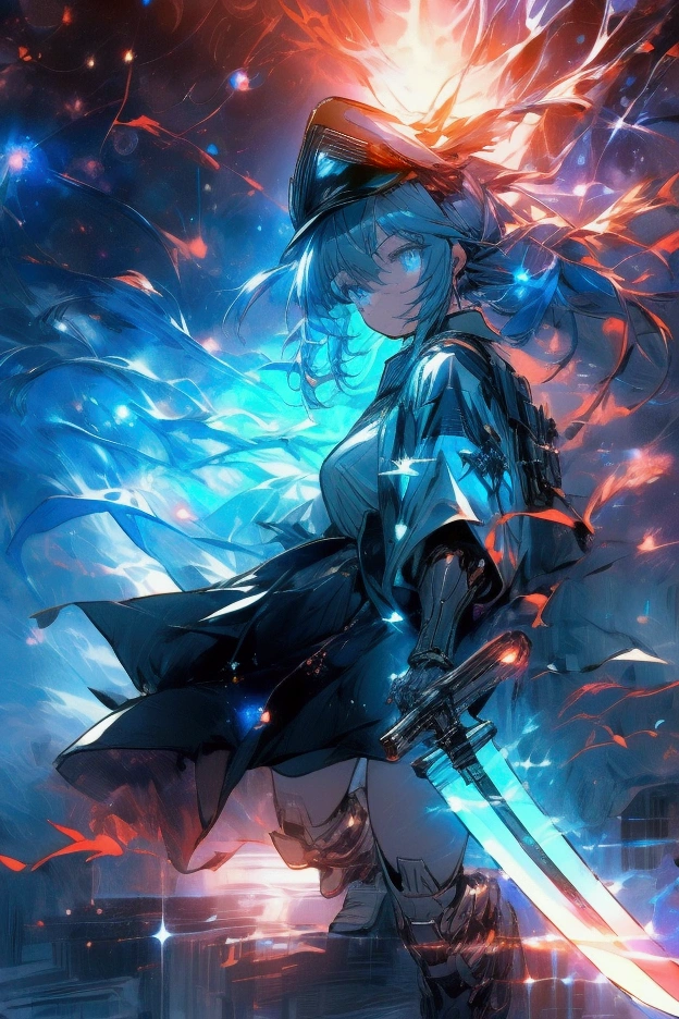 ((science fiction space fantasy)), A badass tall woman, an art of a female character standing amidst a galactic battlefront, (A female commander), ((a leader of a fleet of intergalactic armies)), White high ponytail with a glowing light blue highlights at the ends, Wielding a sword with deep blue aura, the mystical blade in her hand emitting a bright contrast blue light with a ray of energy, a futuristic intergalactic military uniform, Wearing Black shorts exposing the thighs, with a captain hat, a long simple dark boots. A masterpiece illustration, a light novel cover, best quality, best detail(Light novel illustrations), Arknights style, masterpiece, high quality, detailed.