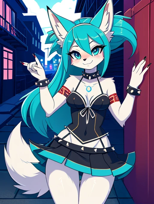 Miku Hatsune, shy girl alta definicion, aquatic body, blue fur,kitsune ears, tribal tattoo, cute girl, girl de 18 años, girl metalera bebe, short black lycra, skeleton bralette flirtatious look, half lateral full body pose, flirtatious look, you look at your full body, visible detailed beautiful legs, fox legs, Sharp nails, Wide hips, kicking the spectator, punk dog collar, punk bracelets, light on the leg tight punk skirt, galda with studs, support the esqueleto, girl encantadora, flicker, wink of the eye, blowing a kiss,ears with silver earrings, intense aqua blue eyes, the best definition 4k, night life, fiesta, in a city alley for a party, Night city landscape, girl, sensual evening cocktail dress