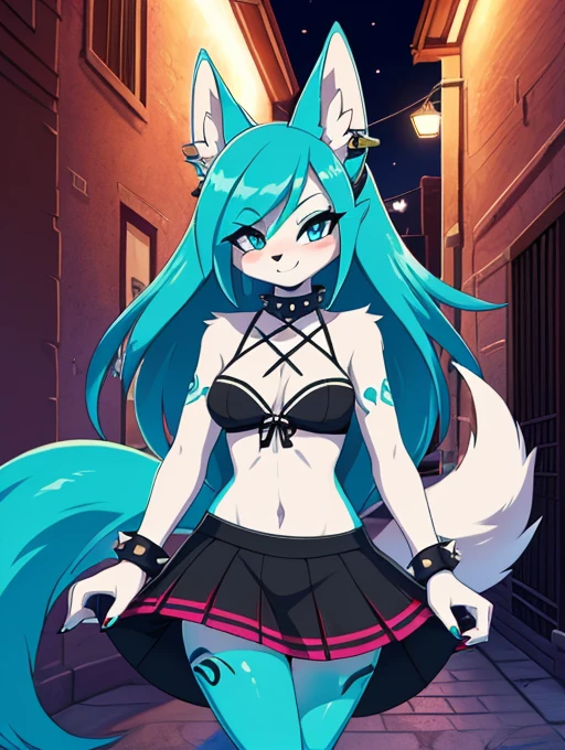 Miku Hatsune, shy girl alta definicion, aquatic body, blue fur,kitsune ears, tribal tattoo, cute girl, girl de 18 años, girl metalera bebe, short black lycra, skeleton bralette flirtatious look, half lateral full body pose, flirtatious look, you look at your full body, visible detailed beautiful legs, fox legs, Sharp nails, Wide hips, kicking the spectator, punk dog collar, punk bracelets, light on the leg tight punk skirt, galda with studs, support the esqueleto, girl encantadora, flicker, wink of the eye, blowing a kiss,ears with silver earrings, intense aqua blue eyes, the best definition 4k, night life, fiesta, in a city alley for a party, Night city landscape,  girl, sensual evening cocktail dress