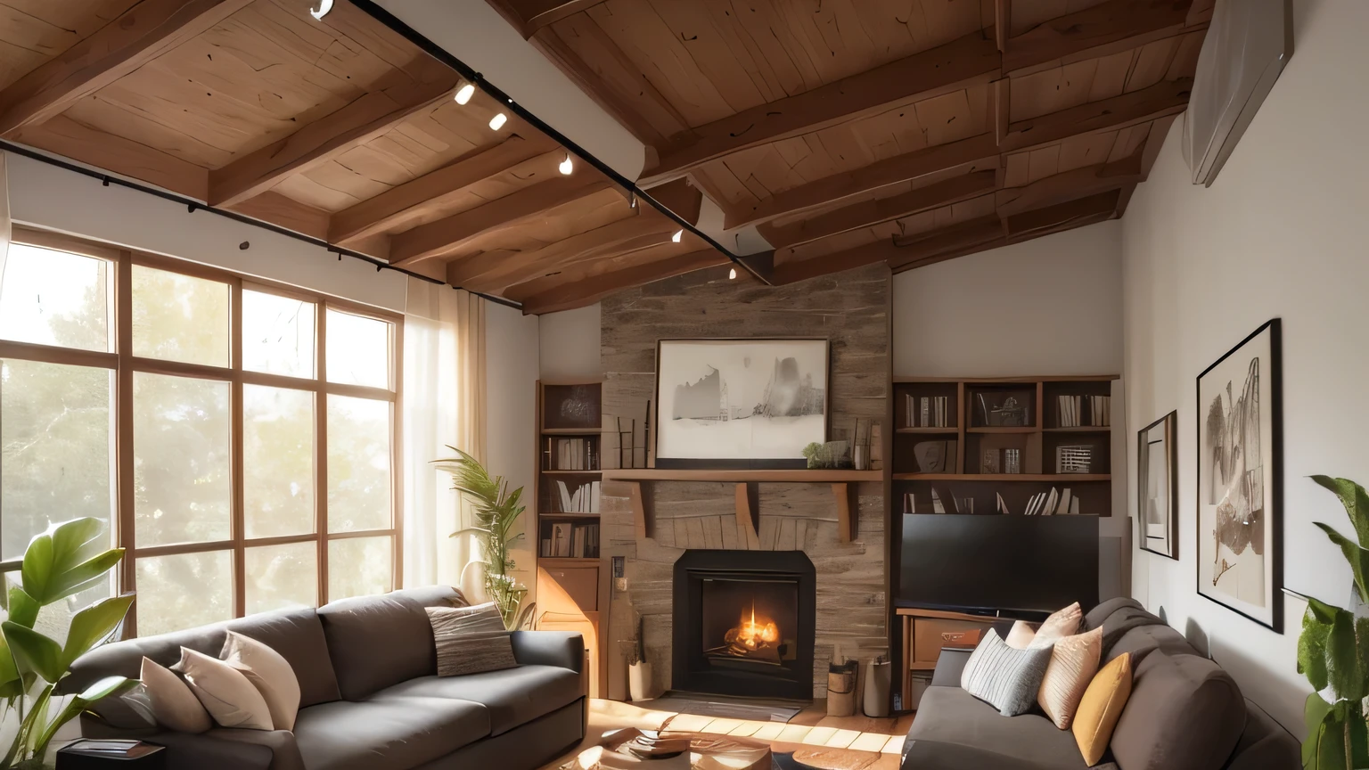 a cozy comfortable living room,plush sofa,fireplace,warm lighting,tv,bookshelf,houseplants,framed art,wooden floor,frameless large windows,natural sunlight,soft textures,peaceful atmosphere,(best quality,8k,highres,masterpiece:1.2),ultra-detailed,photorealistic,warm color tones,natural lighting