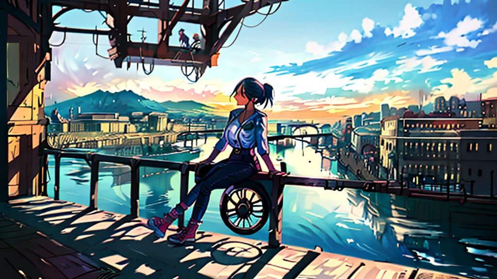 Stylish young woman with a ponytail.
Wearing casual clothing.
Riding a colorful vintage scooter (model: 1970 Vespa).
Sitting by a railing overlooking a serene cityscape with mountains and a river.
The scene has a relaxed, "chilled out" atmosphere with a retro aesthetic.
The sky is sunny with a few clouds.
The overall atmosphere is calm and emotional.