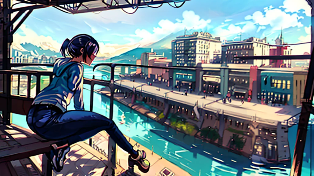 Stylish young woman with a ponytail.
Wearing casual clothing.
Riding a colorful vintage scooter (model: 1970 Vespa).
Sitting by a railing overlooking a serene cityscape with mountains and a river.
The scene has a relaxed, "chilled out" atmosphere with a retro aesthetic.
The sky is sunny with a few clouds.
The overall atmosphere is calm and emotional.