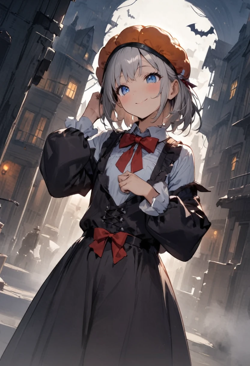night、Halloween、Western-style building、frankenstein、Both eyes open、Girl、Girl、Short、Younger、Lower school year、Baby Face、flat chest、looks fun、smile、Dynamic Angle、masterpiece、best quality、ultra-detail、Clothing
