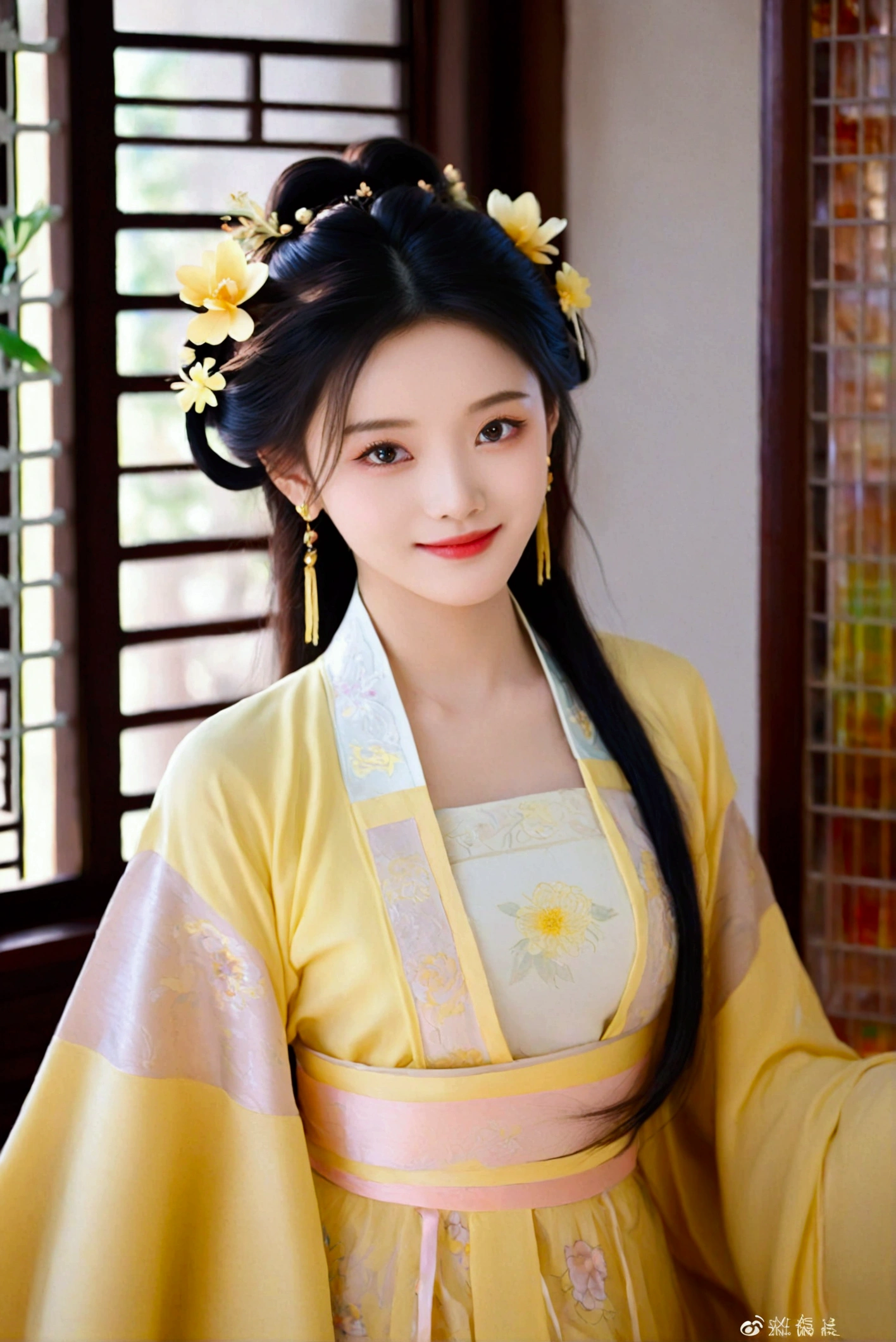 1girl, solo, looking at viewer, smile, black hair, hair ornament, dress, jewelry, upper body, flower, earrings, indoors, hair flower, black eyes, chinese clothes, realistic, yellow dress, hanfu