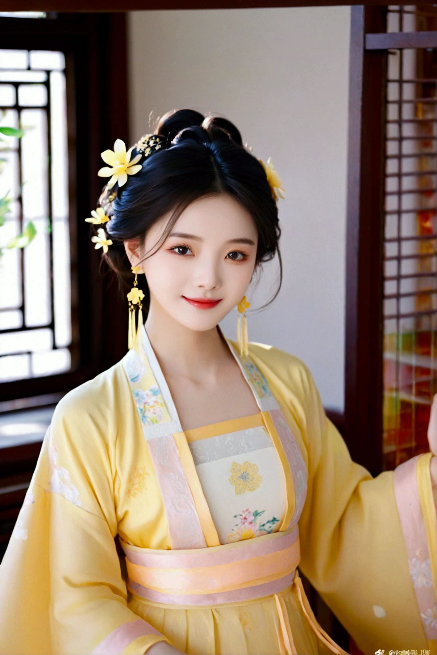 1girl, solo, looking at viewer, smile, black hair, hair ornament, dress, jewelry, upper body, flower, earrings, indoors, hair flower, black eyes, chinese clothes, realistic, yellow dress, hanfu