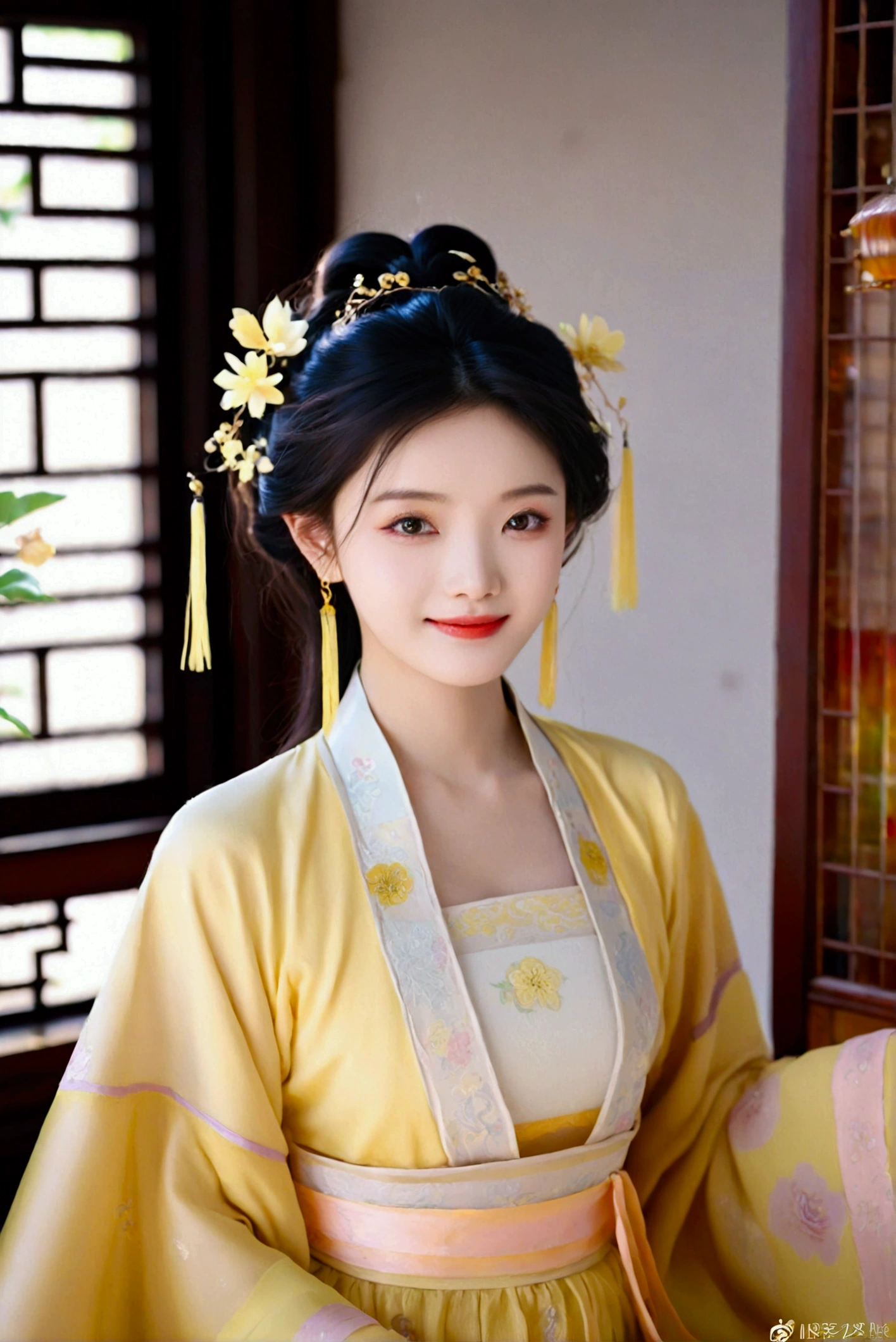 1girl, solo, looking at viewer, smile, black hair, hair ornament, dress, jewelry, upper body, flower, earrings, indoors, hair flower, black eyes, chinese clothes, realistic, yellow dress, hanfu