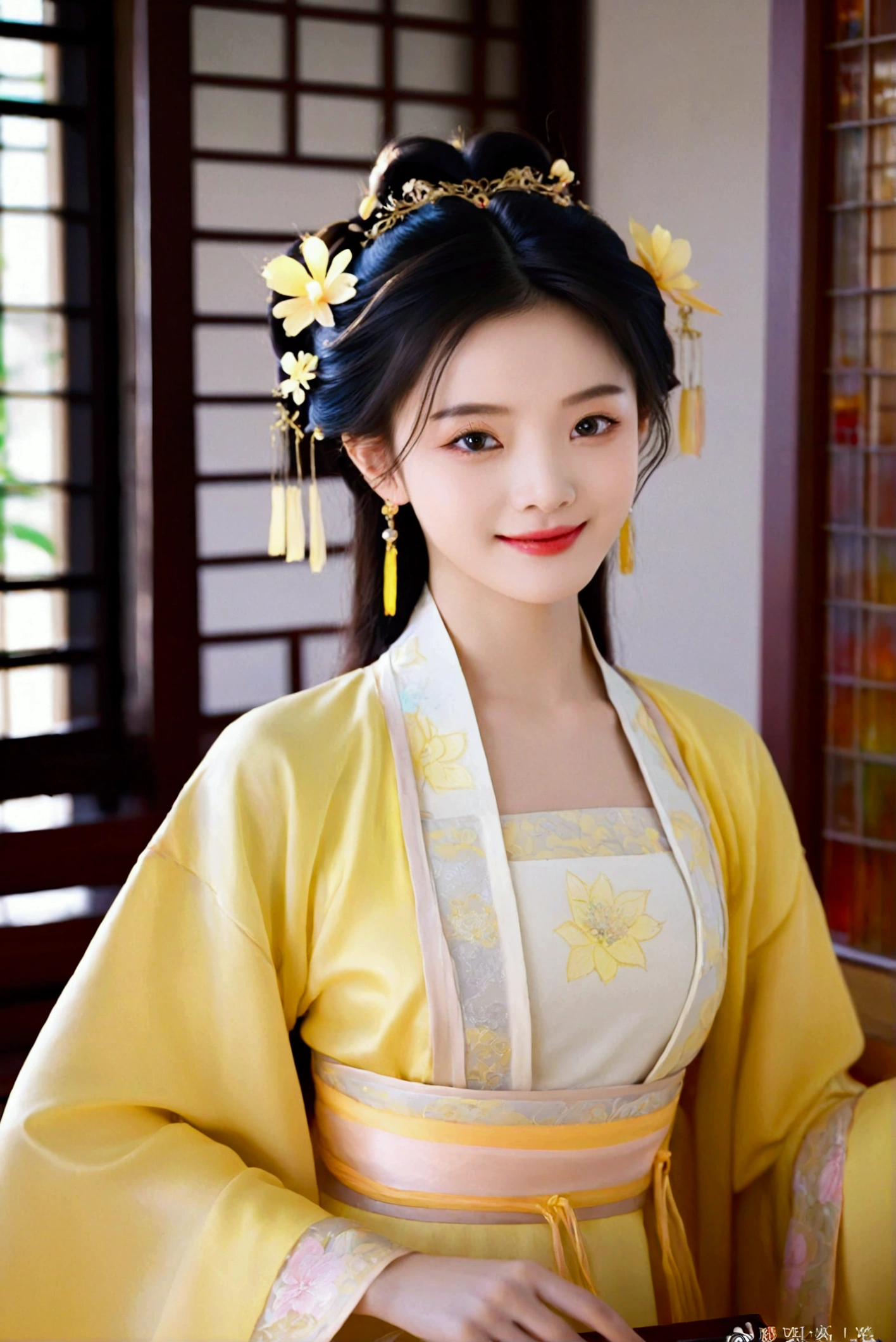 1girl, solo, looking at viewer, smile, black hair, hair ornament, dress, jewelry, upper body, flower, earrings, indoors, hair flower, black eyes, chinese clothes, realistic, yellow dress, hanfu