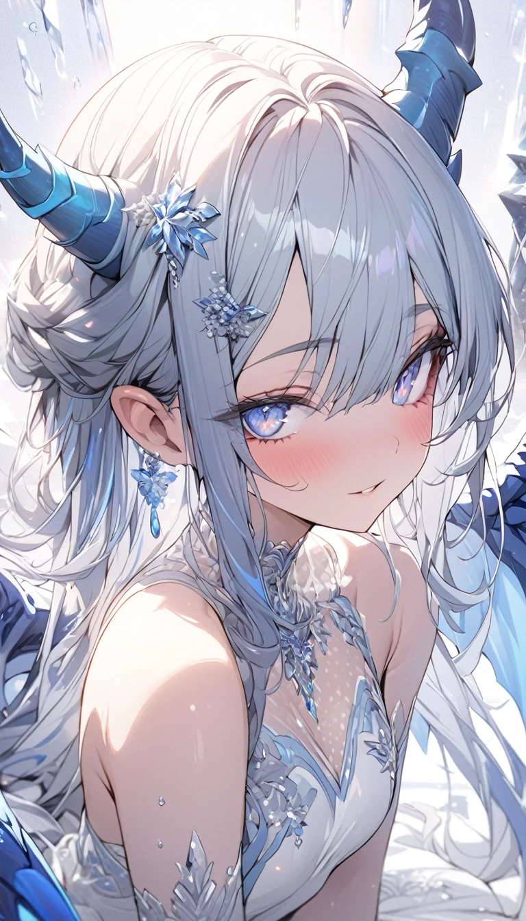 ((best quality)), ((masterpiece)), ((ultra-detailed)), (illustration), (detailed light), (an extremely delicate and beautiful), a girl, solo, (beautiful detailed eyes), blue dragon eyes, (((Vertical pupil))), two-tone hair:blue and white, shiny hair, colored inner hair, (blue Dragonwings), blue_hair ornament, ice adorns hair, [dragon horn], depth of field