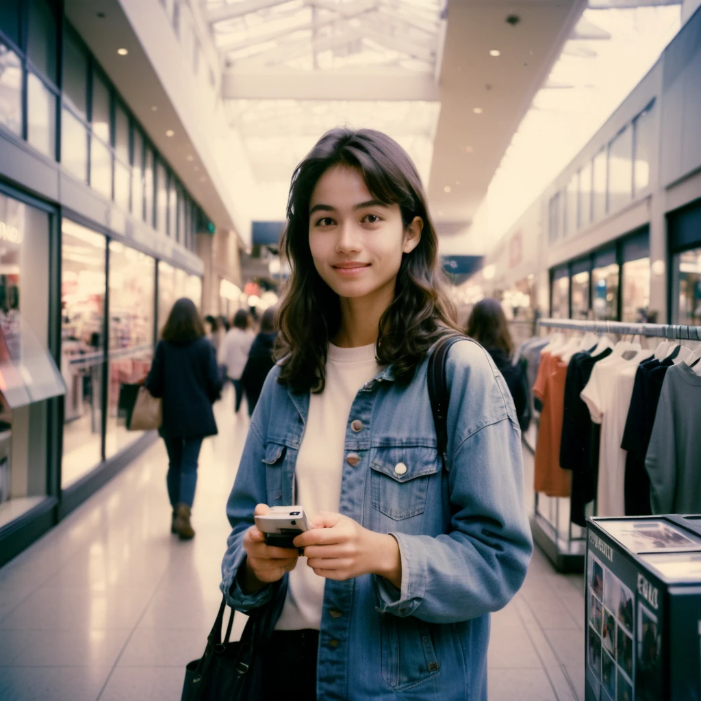 nkplr0, polaroid, solo, beautiful girl, shopping center, dslr, soft lighting, high quality, film grain, Fujifilm XT3,