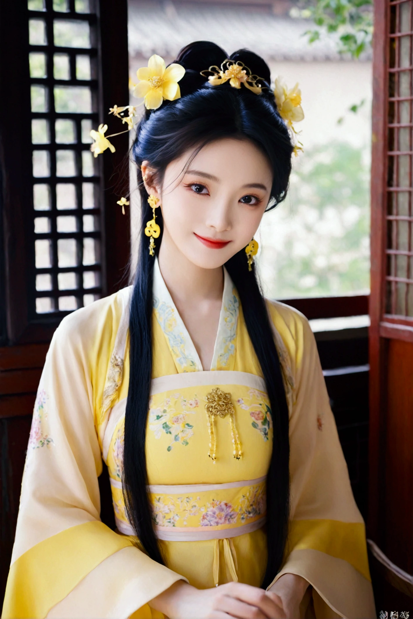 1girl, solo, looking at viewer, smile, black hair, hair ornament, dress, jewelry, upper body, flower, earrings, indoors, hair flower, black eyes, chinese clothes, realistic, yellow dress, hanfu