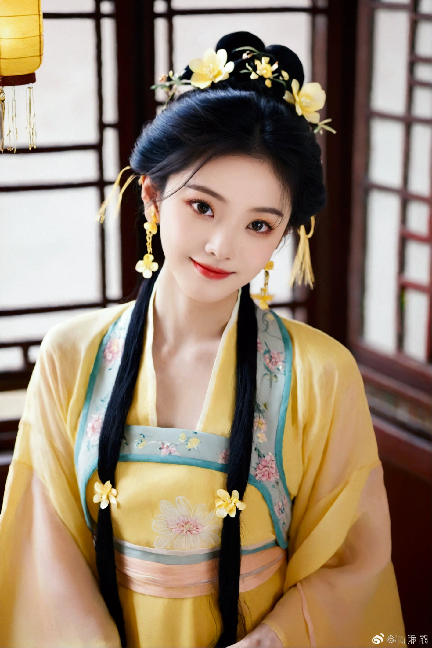 1girl, solo, looking at viewer, smile, black hair, hair ornament, dress, jewelry, upper body, flower, earrings, indoors, hair flower, black eyes, chinese clothes, realistic, yellow dress, hanfu