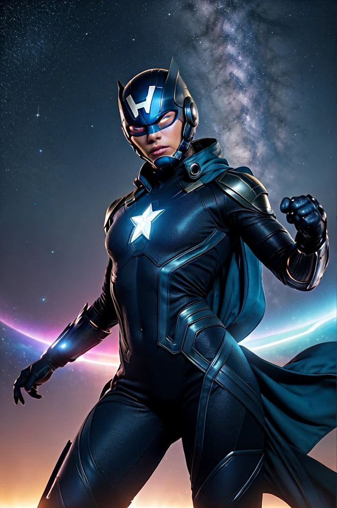Related to Marvel and Create a striking logo featuring a futuristic cosmic hero from the Marvel Universe. The character should have a sleek blue and purple costume adorned with glowing accents, embodying an air of mystery with a high-tech helmet. Set against a vibrant starry background, this cosmic observer should evoke a sense of adventure and wonder, attracting viewers with its dynamic and captivating design."